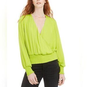 Bar III smocked surplice bright green keyhole back blouse small